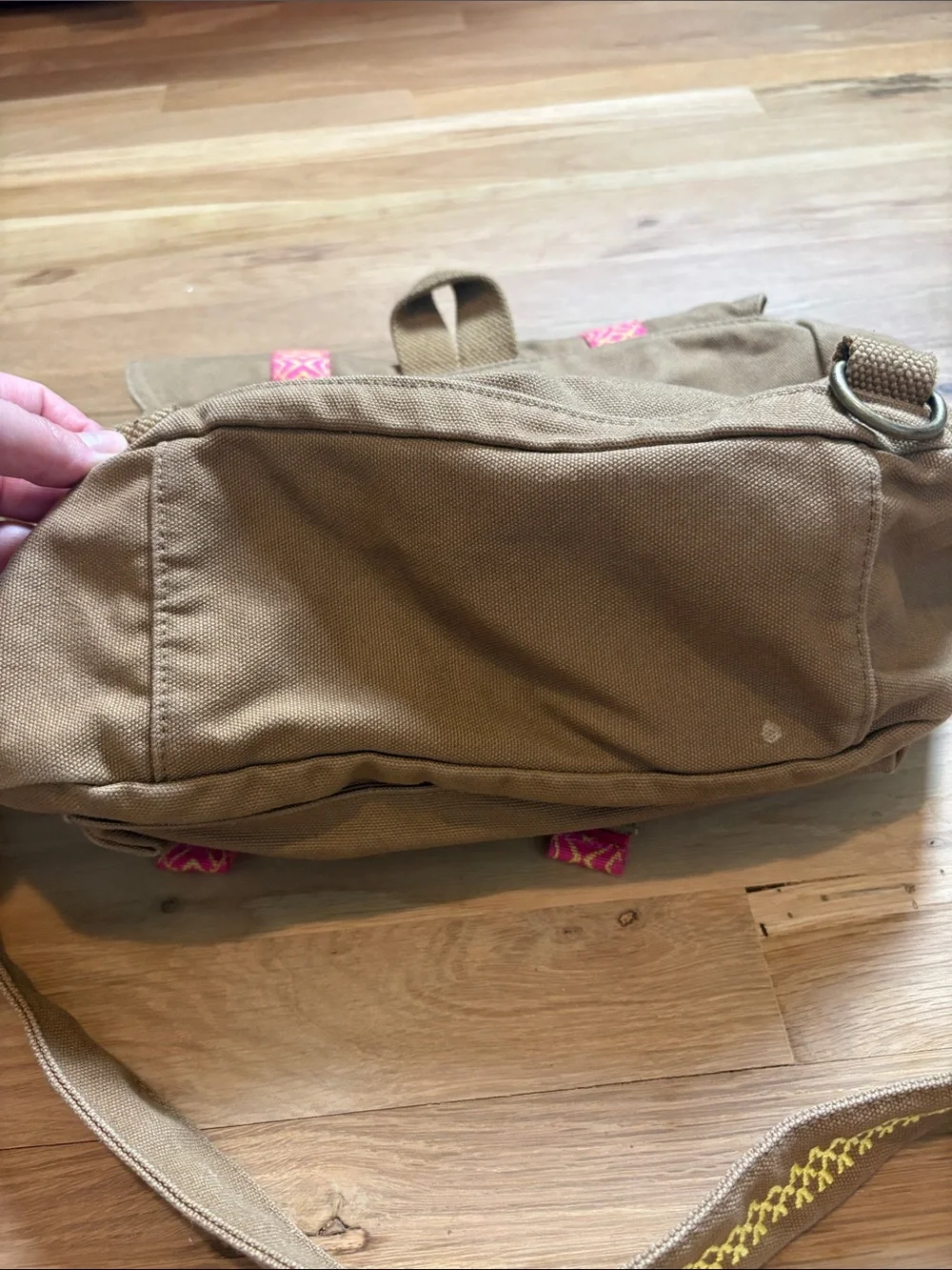 American Girl Brown Canvas Crossbody with Pink Patterned Straps